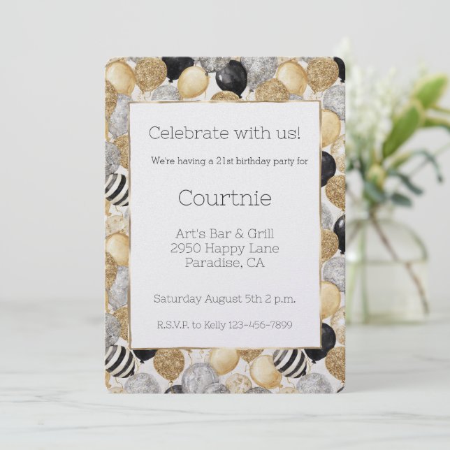 Invitation Glam Gold Glitzy Glitter Silver Balloons Birthday (Debout devant)