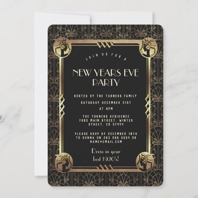 Invitation Glam Gold Great Gatsby 20's New Year's Eve Party (Devant)
