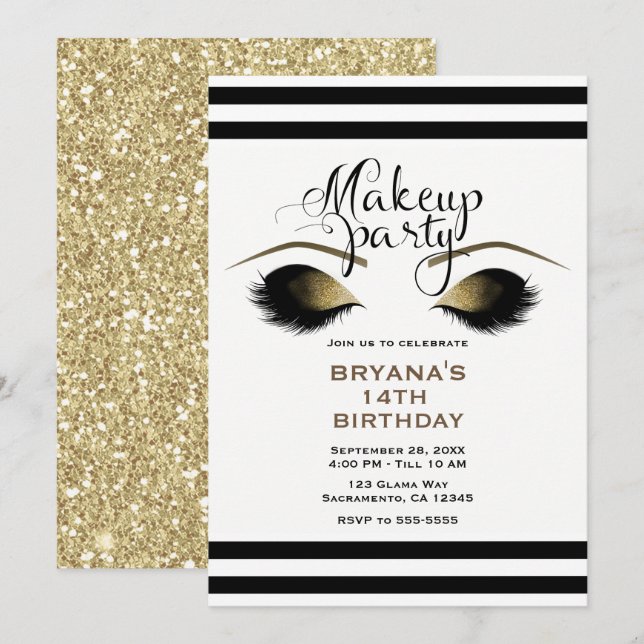 Invitation Glam Gold Maquillage Eyelashes Beauté Personnalisé (Devant / Derrière)