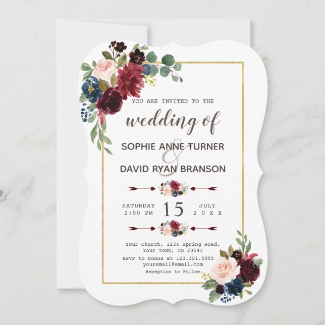 Invitation Glam Gold Merlot Marine Blue Floral Mariage (Devant)