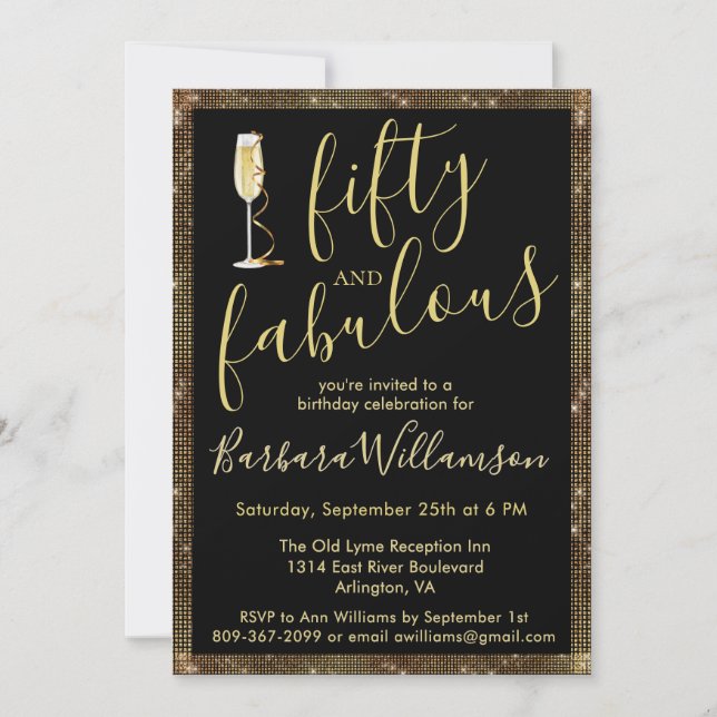 Invitation Glam Gold Noir 50 & Incroyable 50e Anniversaire  (Devant)