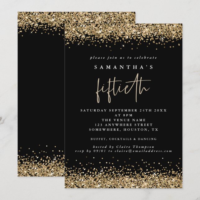 Invitation Glam Gold Paillettes Fête Cinquantième Noir (Devant / Derrière)