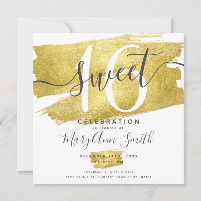 Invitation Glam Gold Paint Paint Sweet 16e anniversaire (Devant)