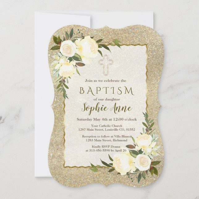 Invitation Glam Gold Parties scintillant Blanc Floral Invitat (Devant)