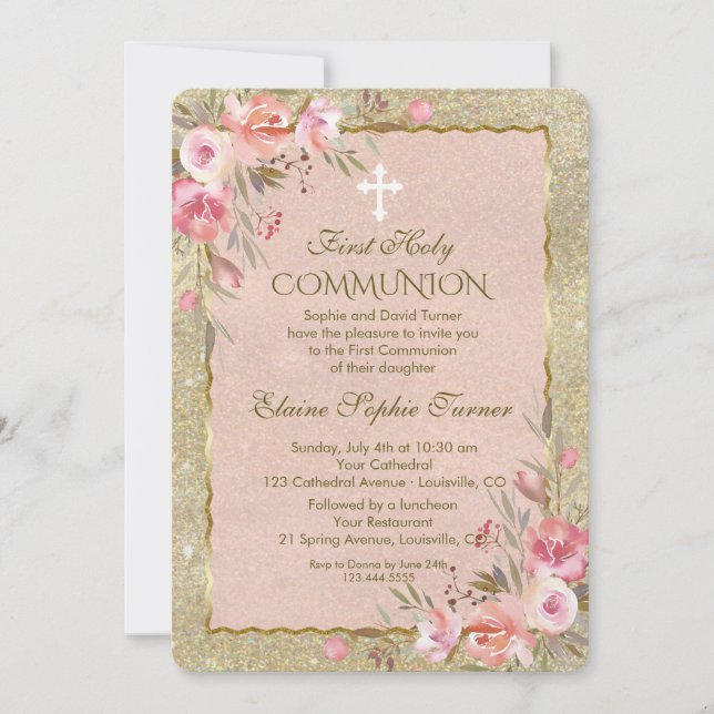 Invitation Glam Gold Parties scintillant Blush Floral First C (Devant)
