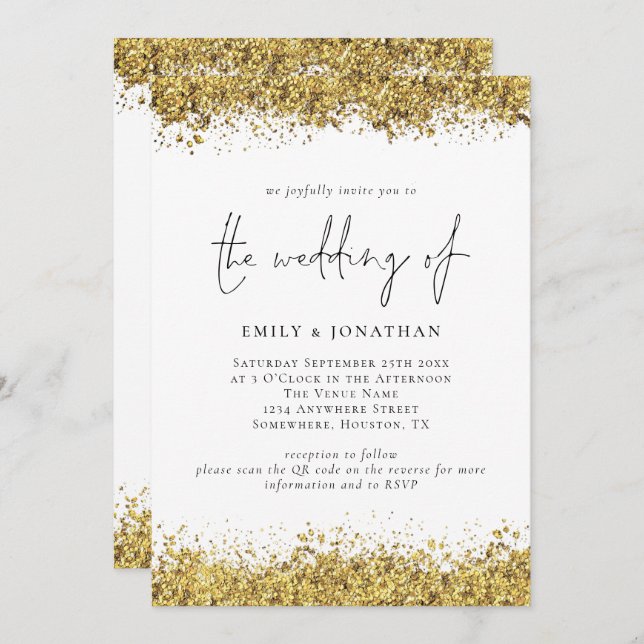 Invitation Glam Gold Parties scintillant bordures Script QR C (Devant / Derrière)