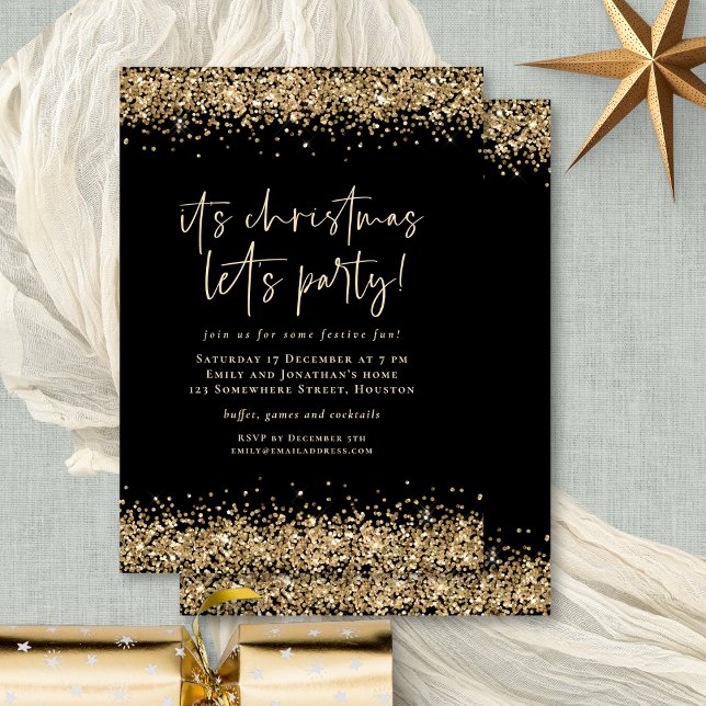 Invitation Glam Gold Parties scintillant Christmas Lets Party (Front and back view)