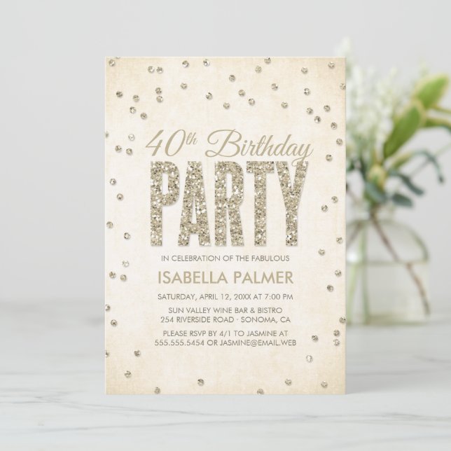 Invitation Glam Gold Parties scintillant Confetti fête de 40e (Debout devant)