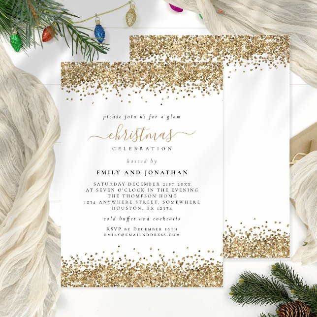 Invitation Glam Gold Parties scintillant fête de Noël (Front and back view)