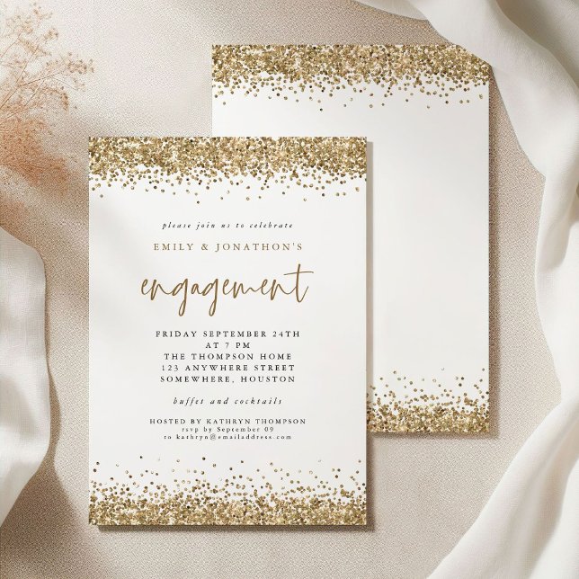 Invitation Glam Gold Parties scintillant Frontières Fiançaill (Front and back view)