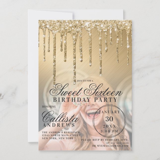 Invitation Glam Gold Parties scintillant métallique Drips Pho (Devant)