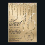 Invitation Glam Gold Parties scintillant métalliques doux 16<br><div class="desc">Cette invitation à la fête d'anniversaire de sweet sixteen girly et glamour est parfaite pour une fille élégante et branchée. Il présente des gouttes de parties scintillant en or brillant imbriquées sur un arrière - plan métallique brossé en or. La typographie est un élégant script cursif avec une police serif...</div>