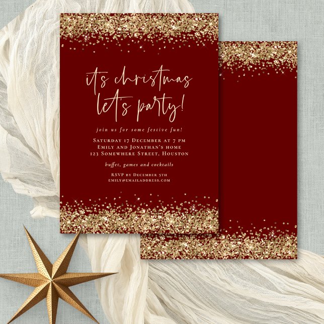 Invitation Glam Gold Parties scintillant Noël Lets Party Bour (Front and back view)