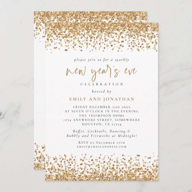 Invitation Glam Gold Parties scintillant Nouvel An Eve Blanc (Devant / Derrière)