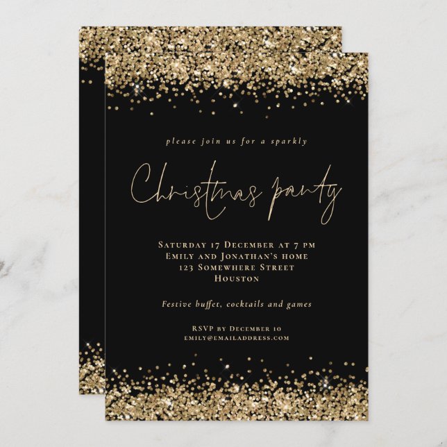 Invitation Glam Gold Parties scintillant Script Christmas Par (Devant / Derrière)