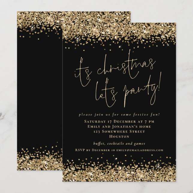 Invitation Glam Gold Parties scintillant Son Noël Lets Party  (Devant / Derrière)