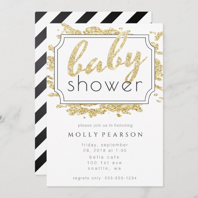 Invitation Glam Gold Sparkle Baby shower noir et blanc (Devant / Derrière)