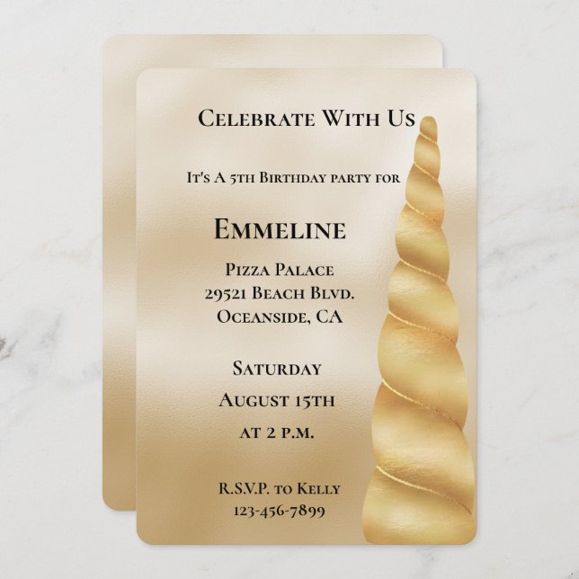 Invitation Glam Gold Unicorn Anniversaire (Devant / Derrière)