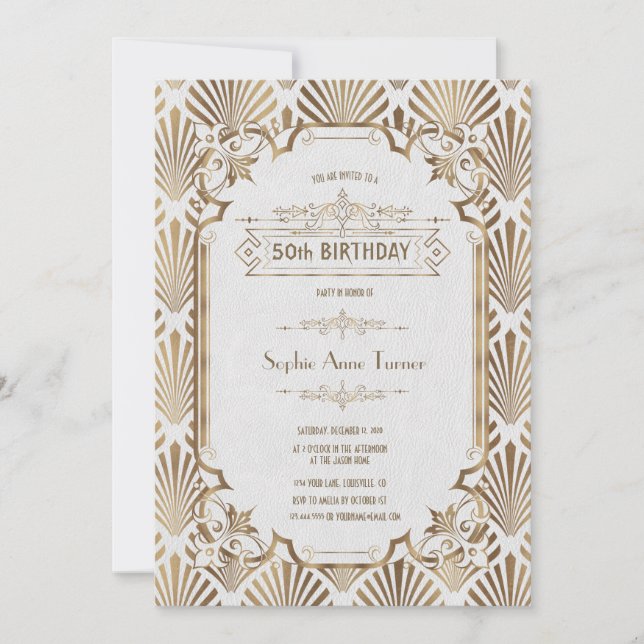 Invitation Glam Gold White Art Déco Gatsby 50e anniversaire (Devant)