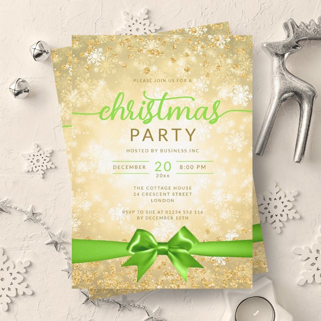 Invitation Glam Gold Winter Snowflake Company Green Ribbon (Glam Gold Winter Snowflake Company Green Ribbon Invitation)