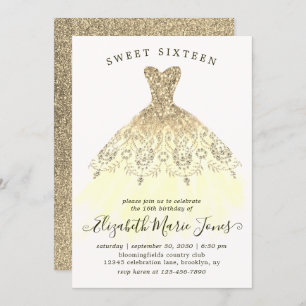 Invitation Glam Gold Yellow Sparkle robe sucré 16e anniversai