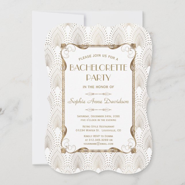 Invitation Glam Great Gatsby Gold White Bachelorte Party (Devant)