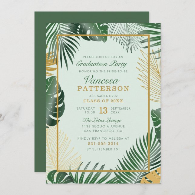 Invitation Glam Green Tropical Feuilles tendance Graduation (Devant / Derrière)