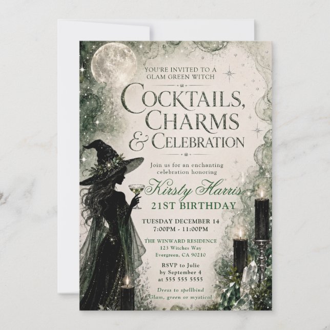 Invitation Glam Green Witch 21e Anniversaire (Devant)