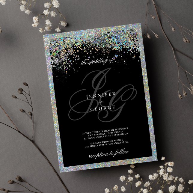 Invitation Glam holographique argent parties scintillant init (Glam holographic silver glitter initials wedding)