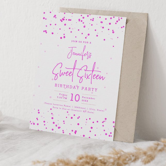 Invitation Glam Hot rose Faux Foil Dots Sweet 16 Party (Glam Hot Pink Faux Foil Dots Sweet 16 Party Invitation)