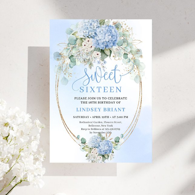 Invitation Glam Hydrangea Bleu Pailleté Or 16e Anniversaire  (Glam Blue Hydrangea Gold Glitter 16th Birthday Invitation)