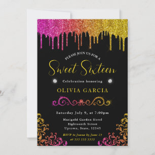 Invitation Glam jaune et rose dégradé paillettes Sweet 16