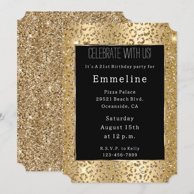 Invitation Glam Jaune Parties scintillant d'or Leopard (Devant / Derrière)