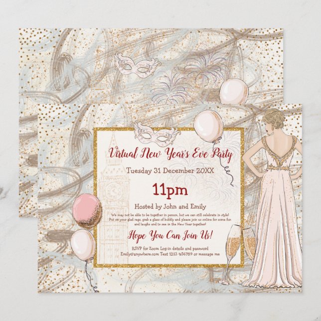 Invitation Glam Lady Confetti Sparkly Virtual New Year Party (Devant / Derrière)
