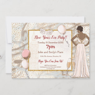 Invitation Glam Lady Gold Confetti Champagne du Nouvel An