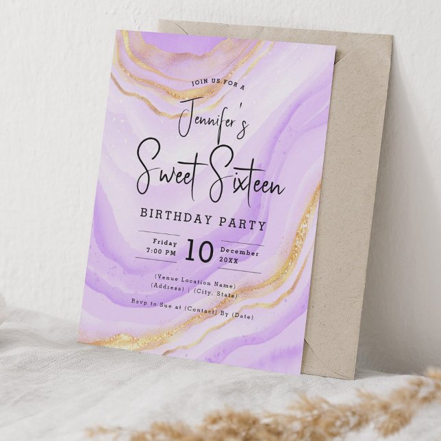Invitation Glam Lavender violet Parties scintillant en marbre (Glam Lavender Purple Marble Glitter Sweet 16 Party Invitation)