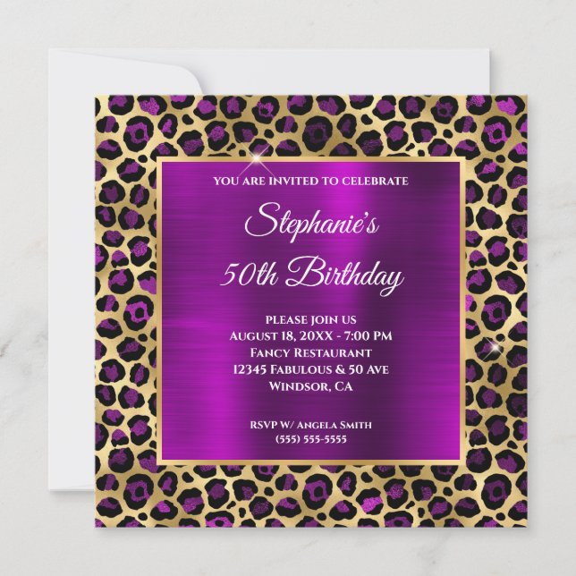 Invitation Glam Léopard d'or et de Magenta pourpre 50e annive (Devant)