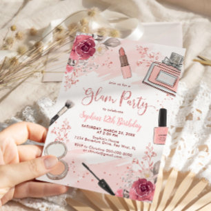 Invitation Glam Makeup Anniversaire fête Blush rose Spa