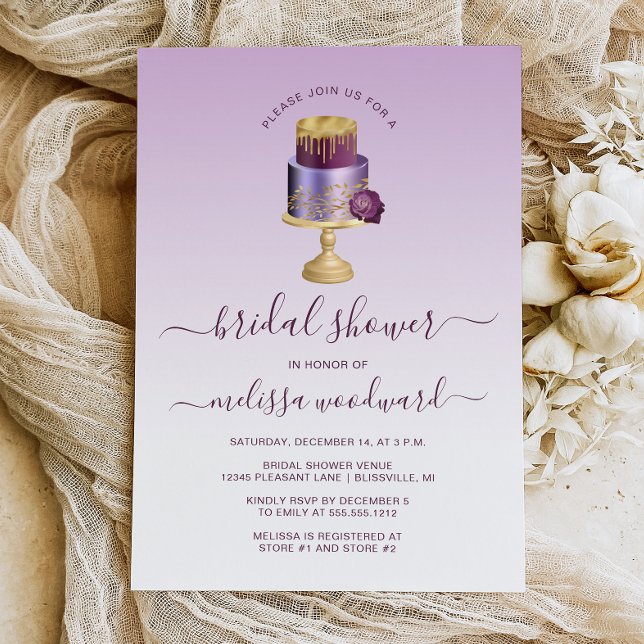 Invitation Glam Mariage Cake Purple Gold Fête des mariées (Créateur téléchargé)
