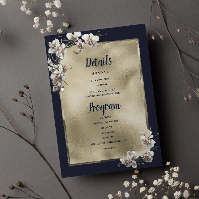 Invitation Glam marine bleu or blanc orchidée Détails Program (Glam navy blue gold white orchid Details Program)