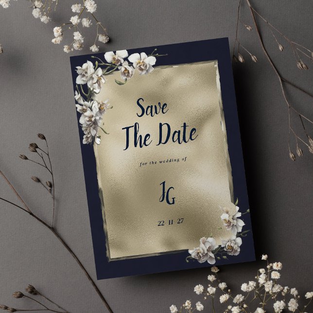 Invitation Glam marine bleu or blanc orchidée Enregistrer la  (Glam navy blue gold white orchid Save The Date)