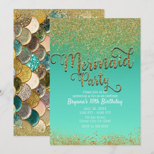 Invitation Glam Mermaid Party Gold Parties scintillant et ann (Devant / Derrière)