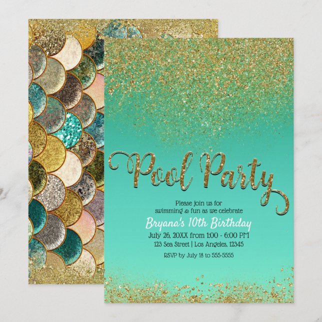 Invitation Glam Mermaid Pool Parties scintillant d'or Turquoi (Devant / Derrière)