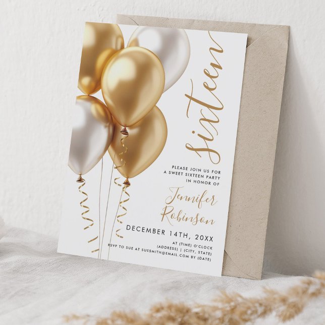 Invitation Glam Minimal Gold Balloons Sweet 16 Anniversaire (Glam Minimal Gold Balloons Sweet 16 Birthday Invitation)