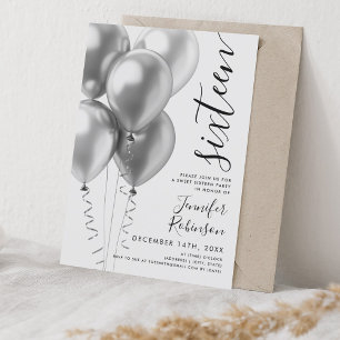 Invitation Glam Minimal Silver Balloons Sweet 16 Anniversaire
