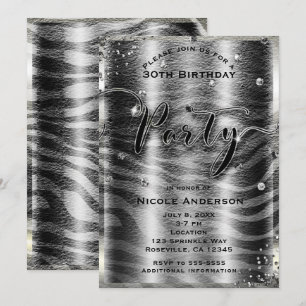 Invitation Glam moderne Black White Zebra & Silver Bling Part