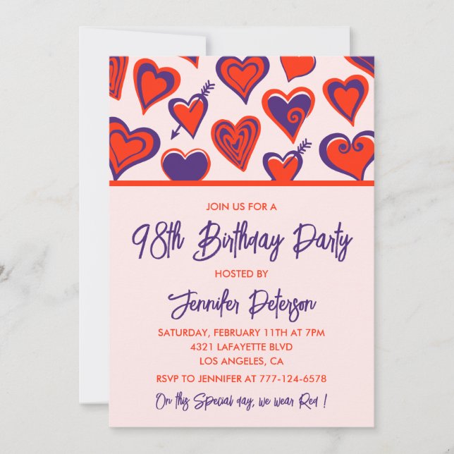 Invitation Glam Moderne Cœurs Rouge Violet 98e anniversaire (Devant)