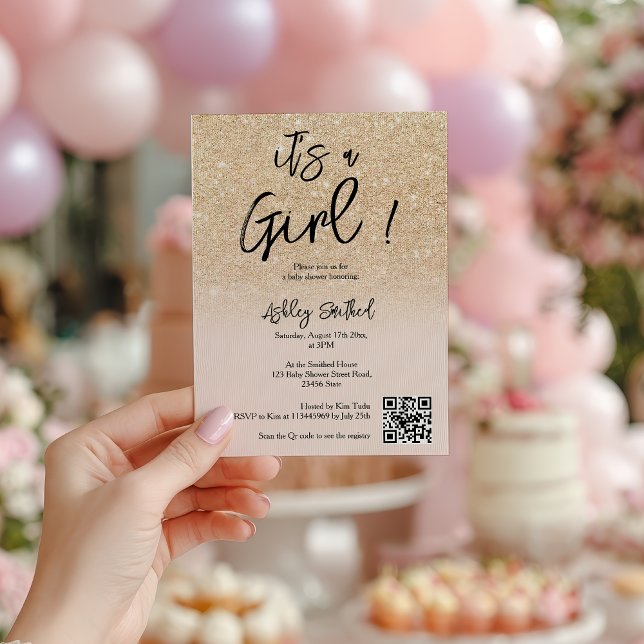 Invitation Glam moderne Parties scintillant or rose Ombre Gir (Modern Glam Gold Glitter Pink Ombre Girl Baby Show Invitation)