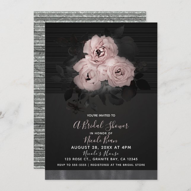 Invitation Glam moderne rose et noir Fête des mariées florale (Devant / Derrière)