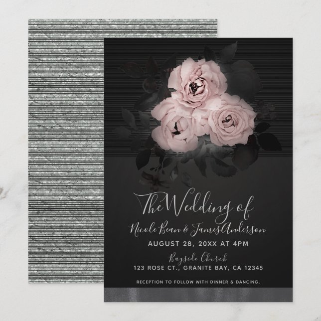 Invitation Glam moderne rose et noir Floral Chic Mariage (Devant / Derrière)
